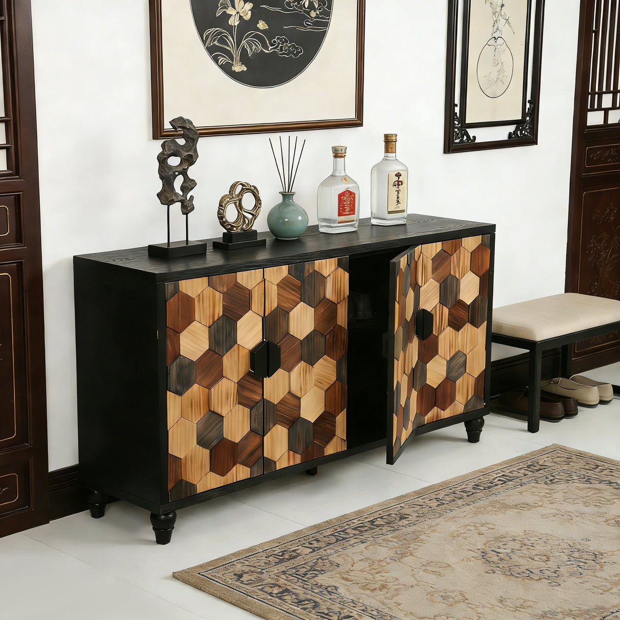 Distressed Storage Cabinet with Honeycomb Pattern