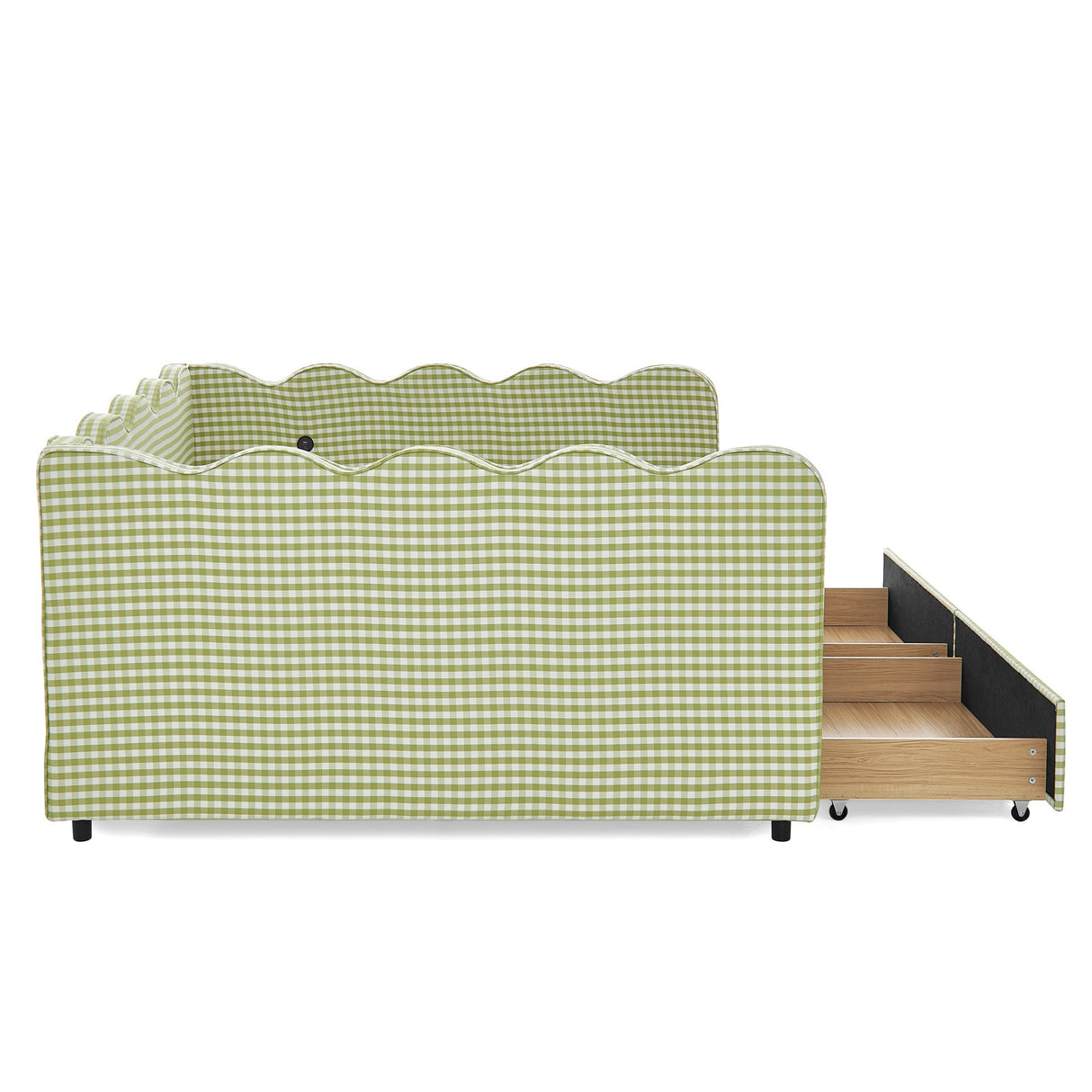 Queen Size Cozy Gingham Daybed with Two Storage Drawers, with USB Port and Adorable Wave Shaped, Linen Fabric