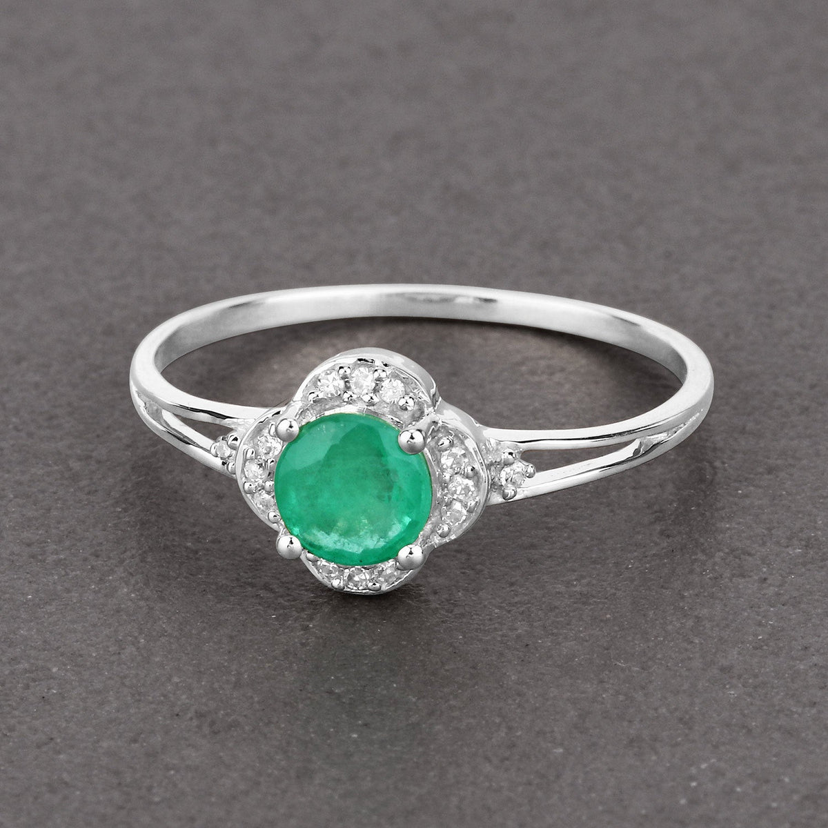 0.46 Carat Genuine Zambian Emerald and White Diamond 14K White Gold Ring