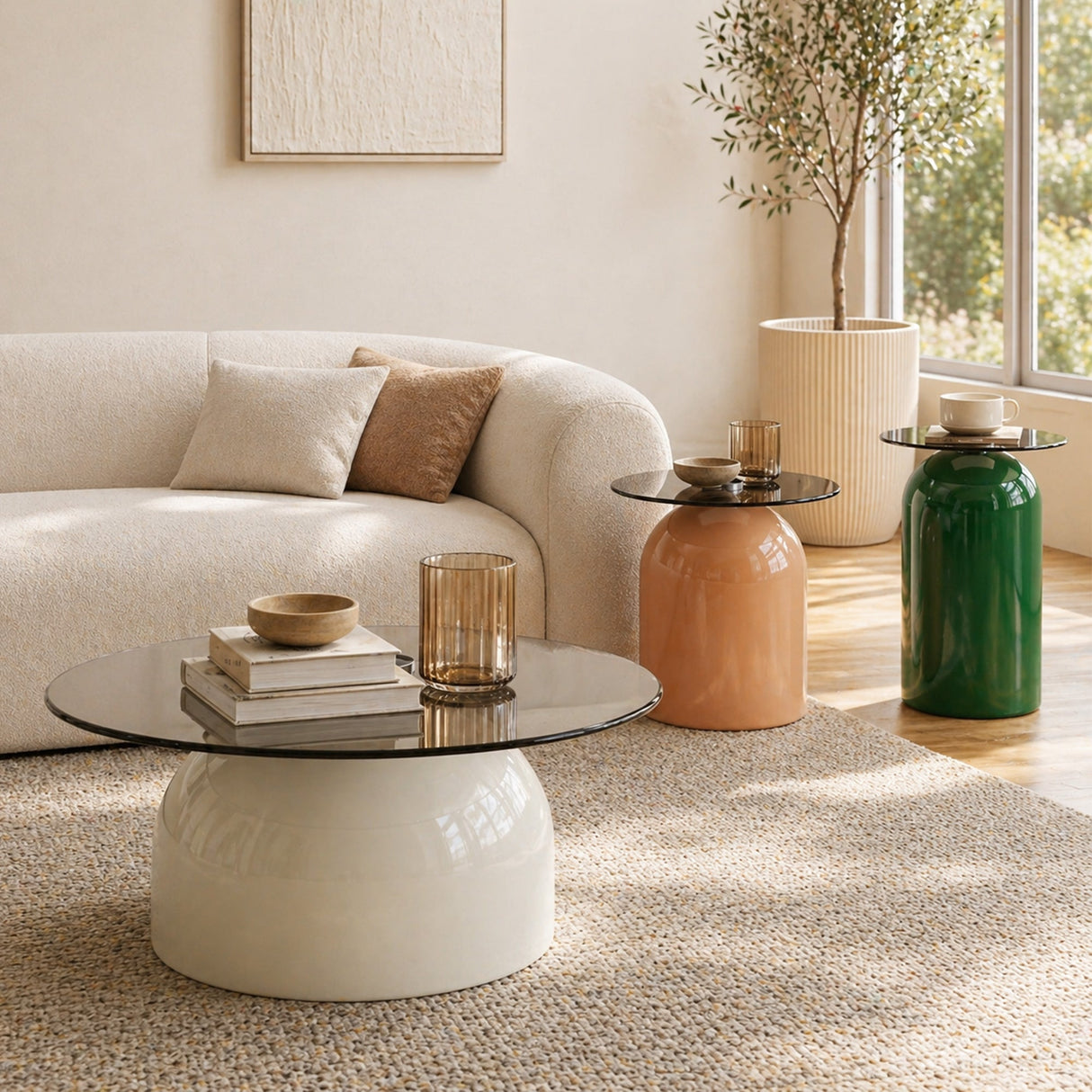 Nesting Coffee Table Set of 3 with Glass Desktop