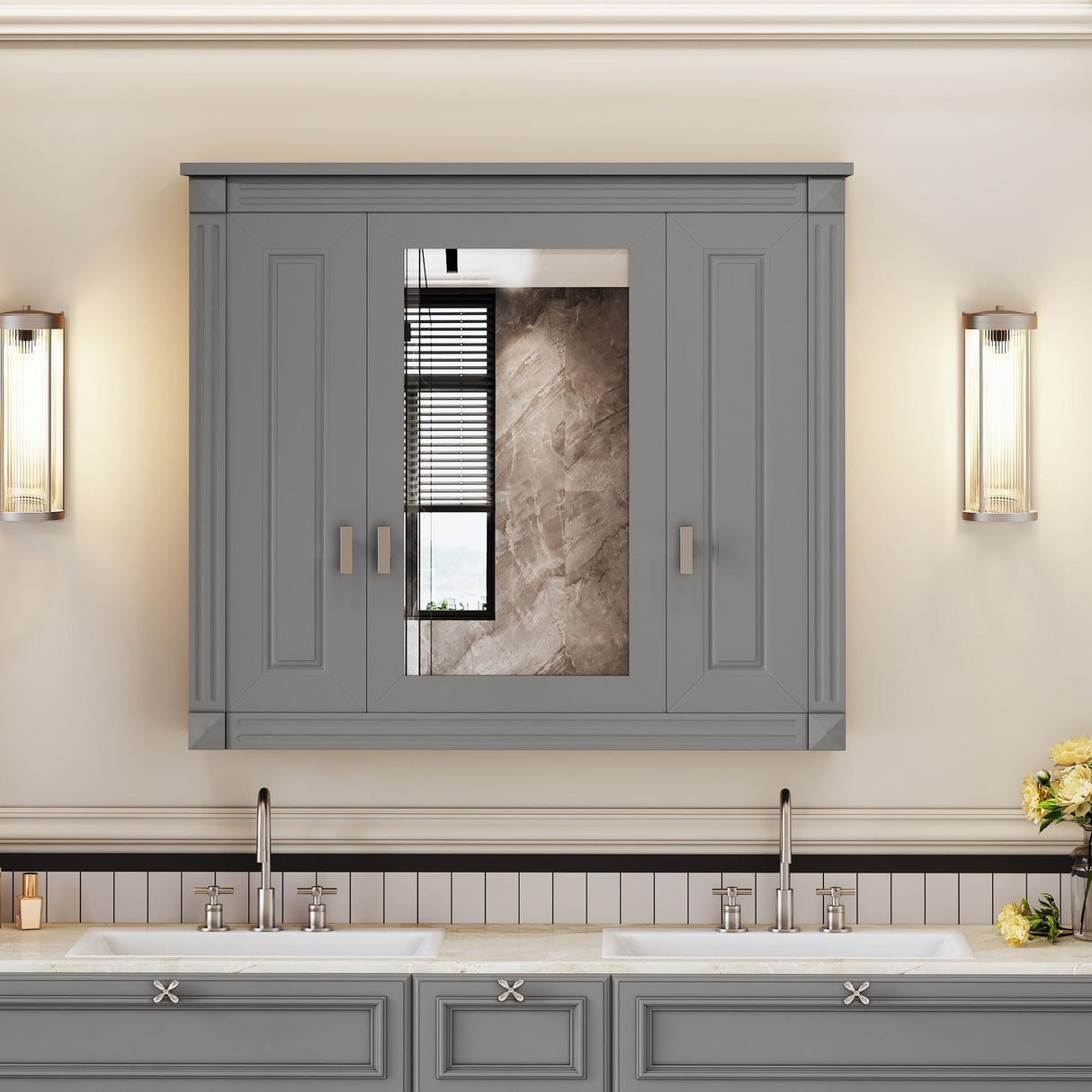 Wall Mounted Bathroom Cabinet With Mirror And 4 Shelves, Rectangular Design - Gray