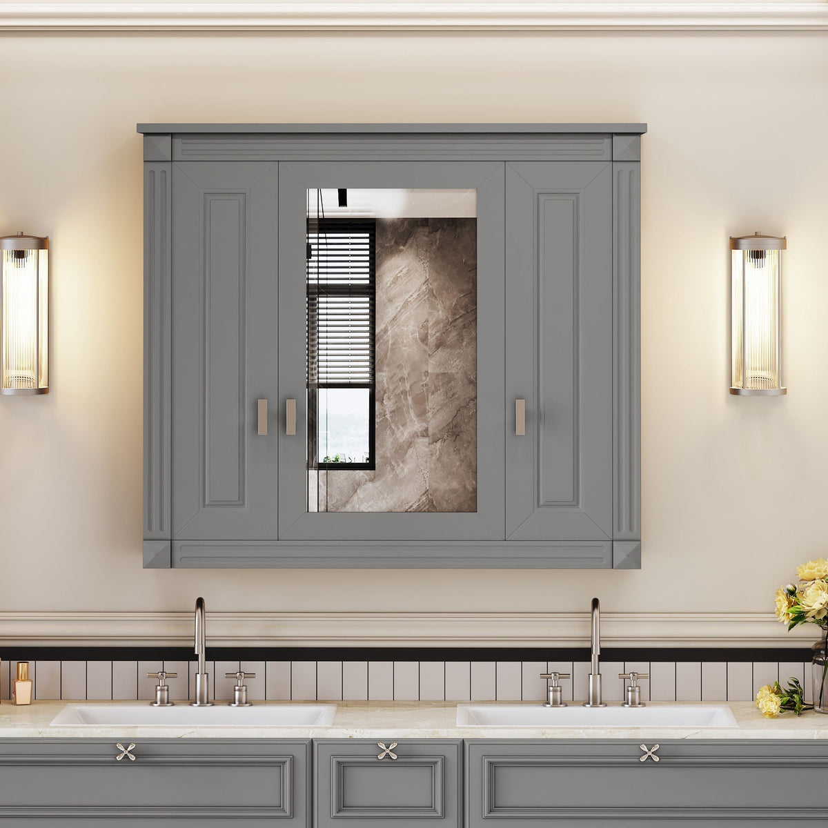 Wall Mounted Bathroom Cabinet with Mirror and 4 Shelves - Gray