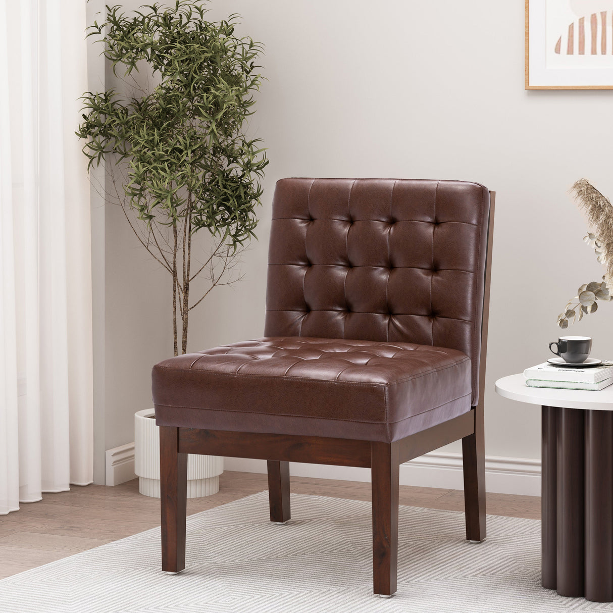 Contemporary Dark Brown Accent Chair with Tufted Waffle Stitch and PU Upholstery