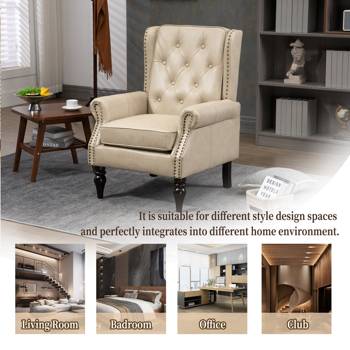 Modern Accent Lounge Chair with Sturdy Wood Legs in Camel PU Leather