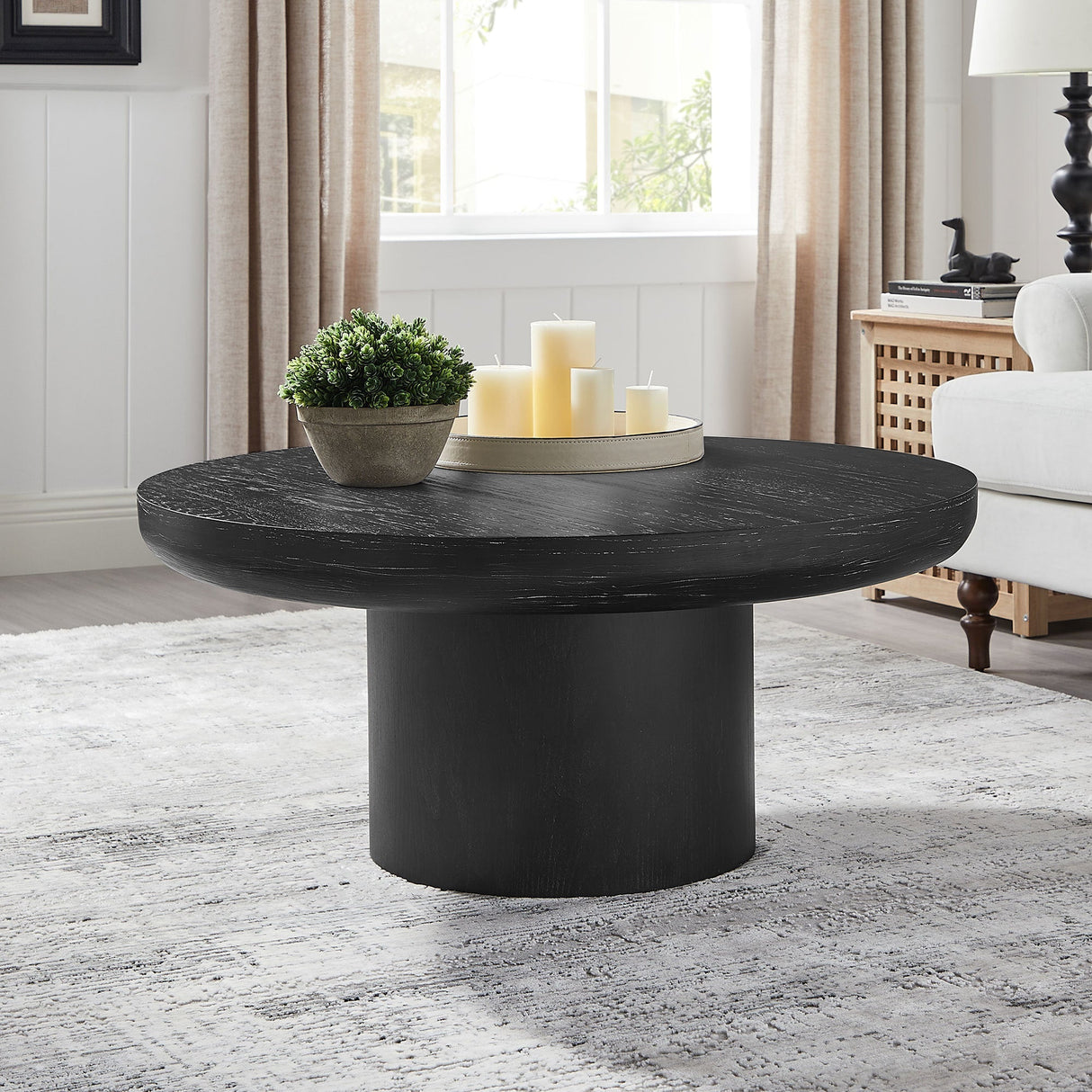 35.98 Inch Round Coffee Table with Cylindrical Black Legs