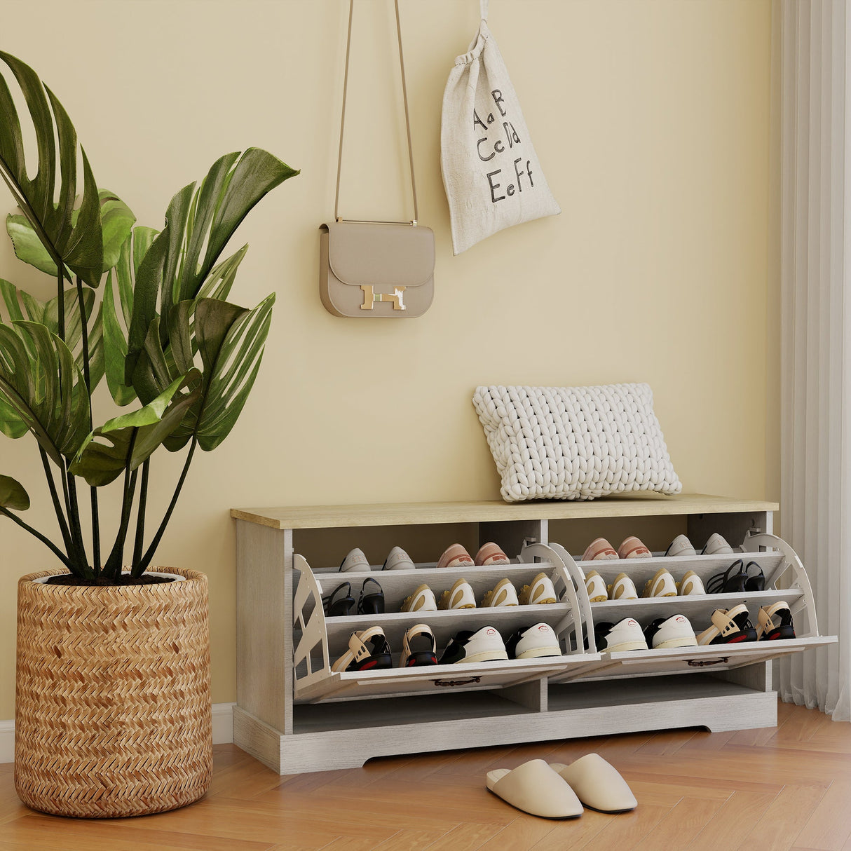 Shoe Storage Bench with 2 Flip Drawers and Adjustable Shelf - Antique