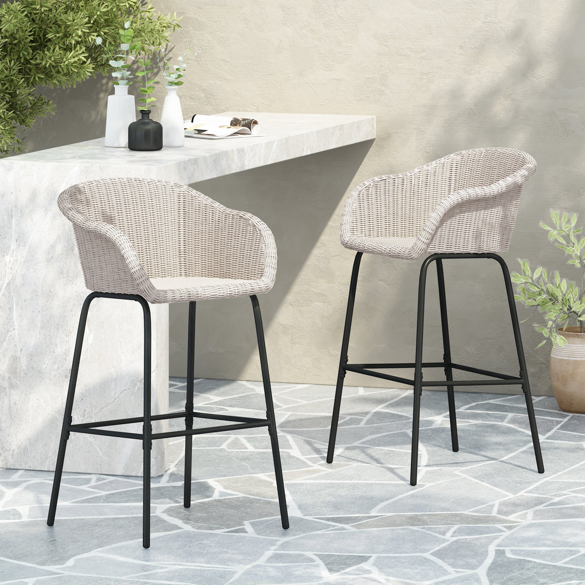 Ladd Outdoor Metal Wicker Barstool Set of 2
