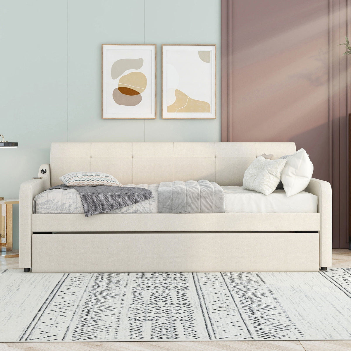 Upholstered Daybed With Trundle And USB Charging