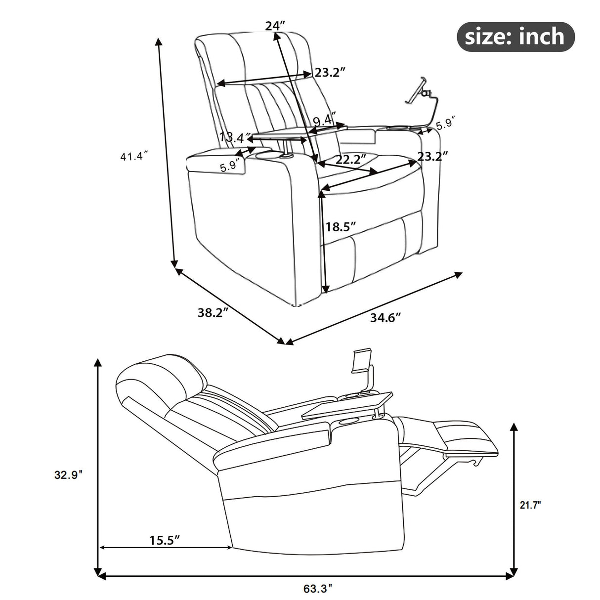 270° Power Swivel Recliner Home Theater Chair With Hidden Arm Storage, LED Light, Cup Holder, And Tray Table