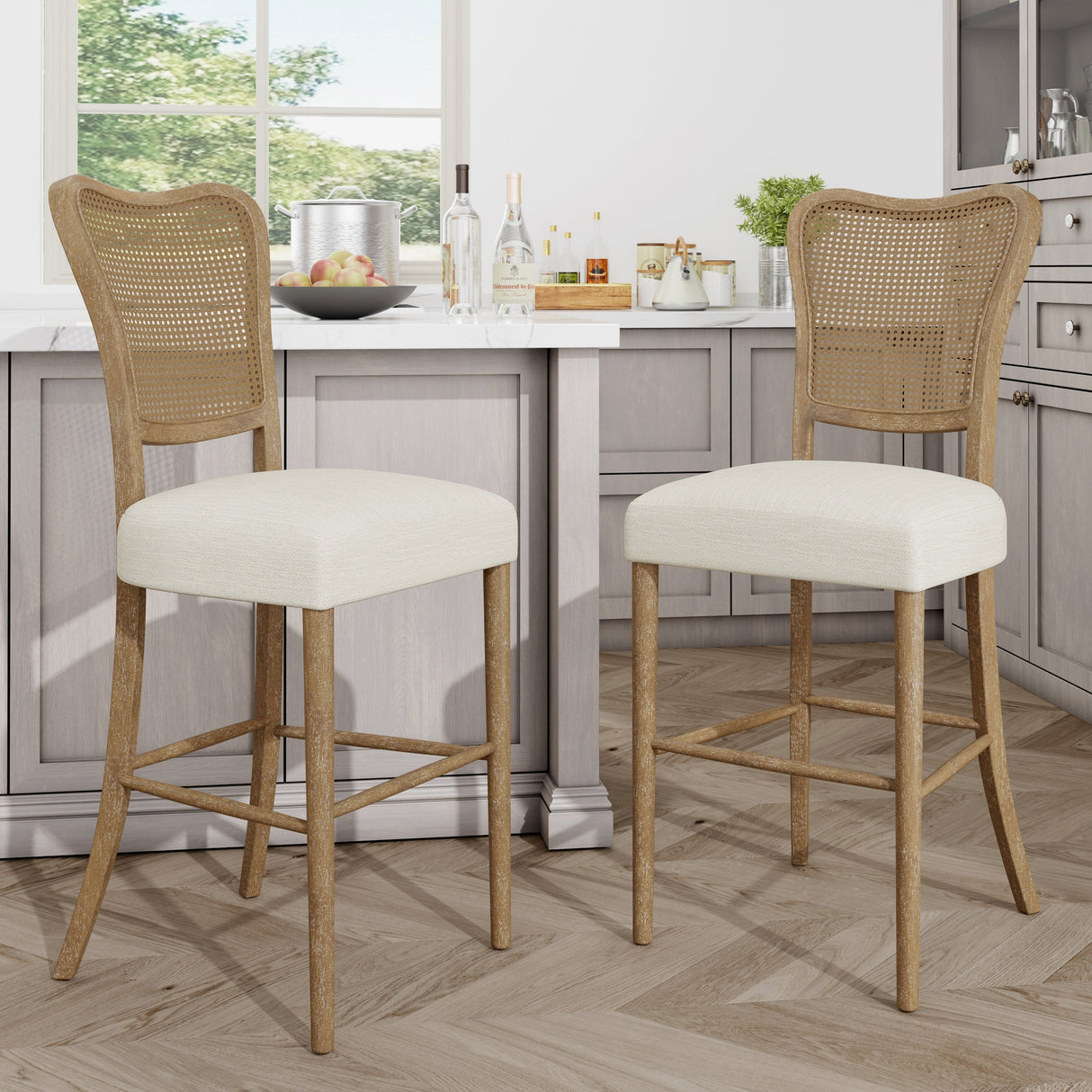 Cane-Back Upholstered Bar Stools Set of 2