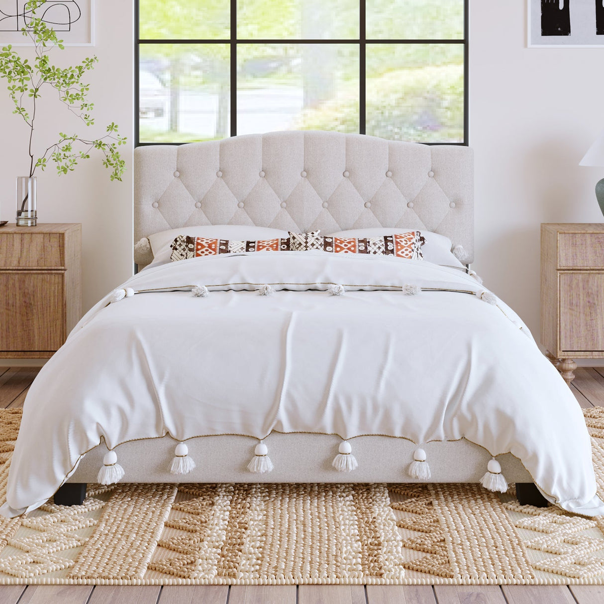 Upholstered Platform Bed with Saddle Curved Adjustable Headboard and Diamond Tufted Details