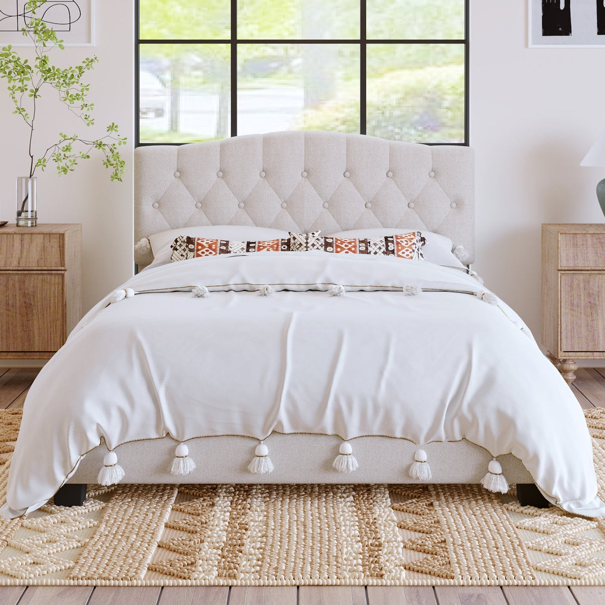 Upholstered Platform Bed with Saddle Curved Adjustable Headboard and Diamond Tufted Details