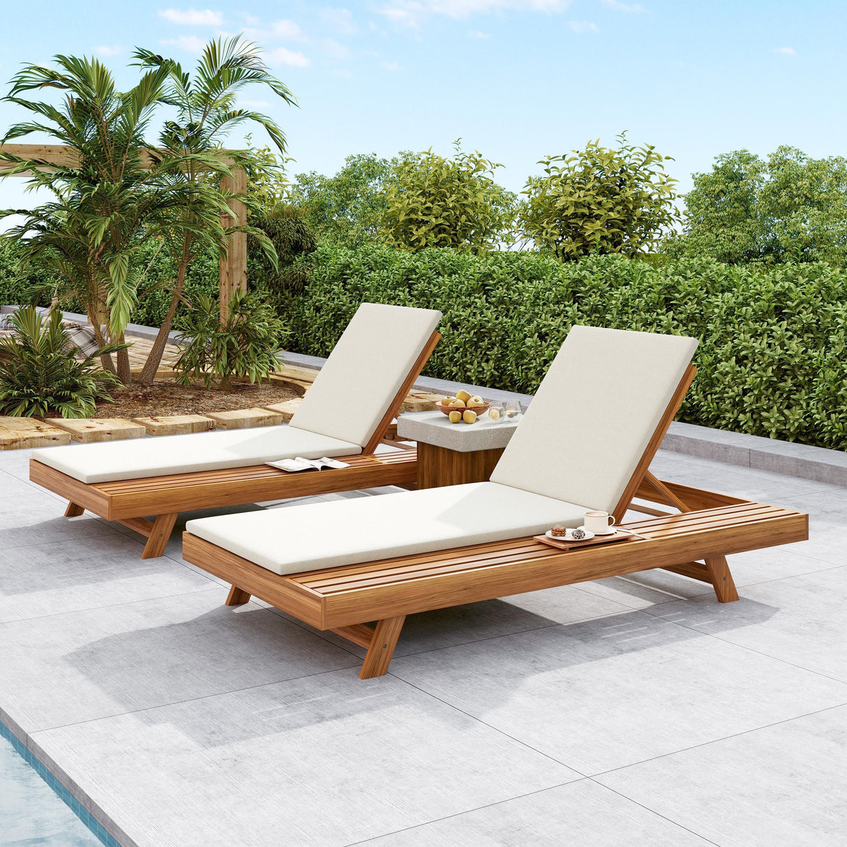 Lounge Chaise Set, Acacia Wood with Water-Resistant Cushions