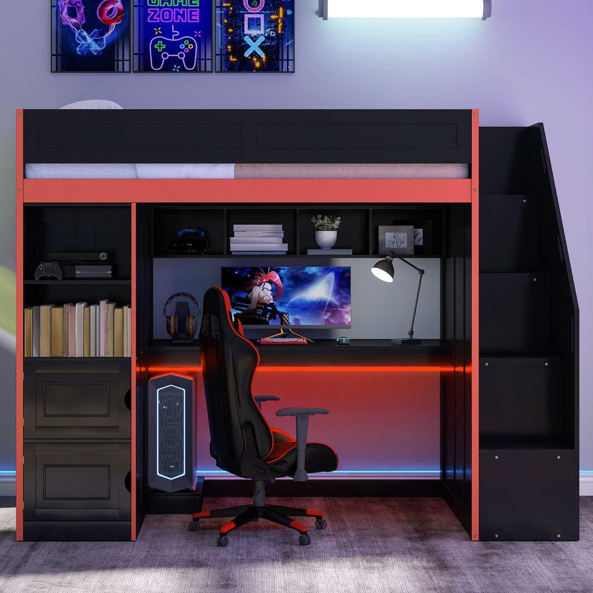 Gaming Loft Bed With Desk And Storage, LED Lights