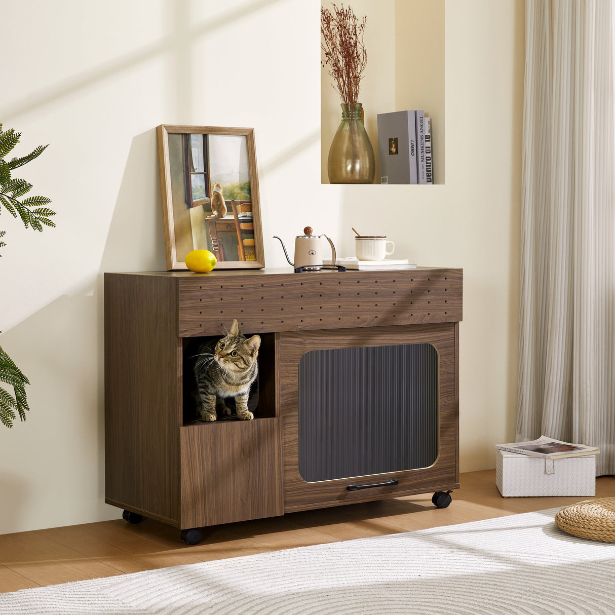Furniture Style Multi-Use Cat Litter Box House with Storage
