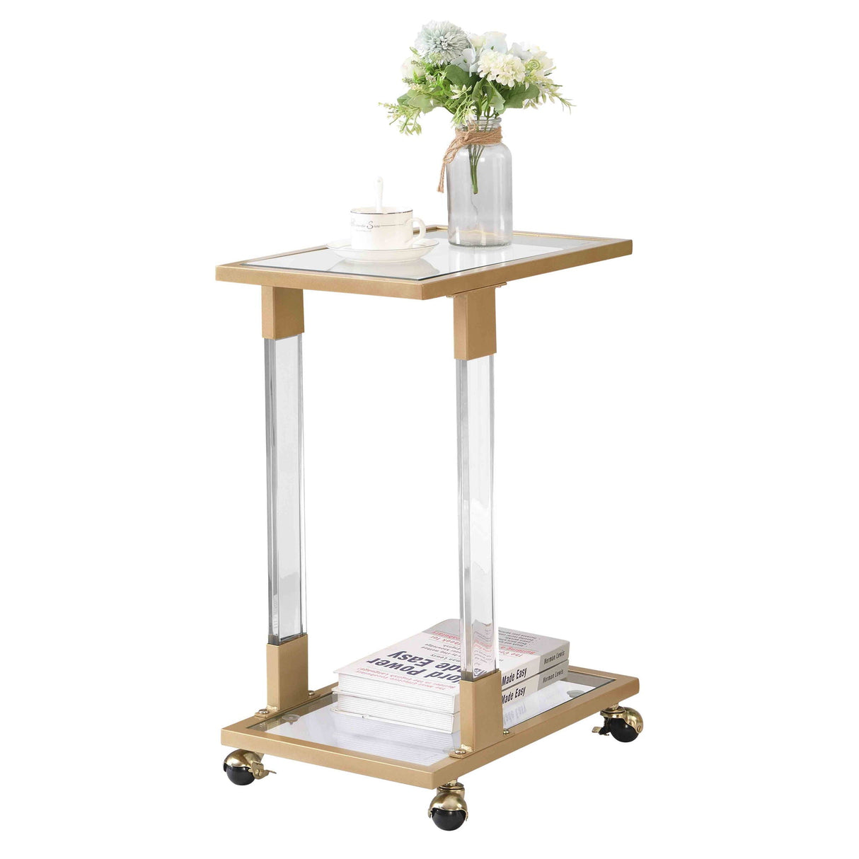 Glass Top C Shape Square Table With Metal Base For Living Room
