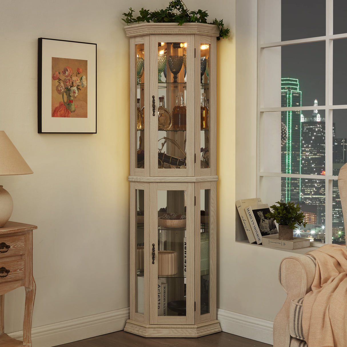 Elegant Lighted Corner Curio Cabinet