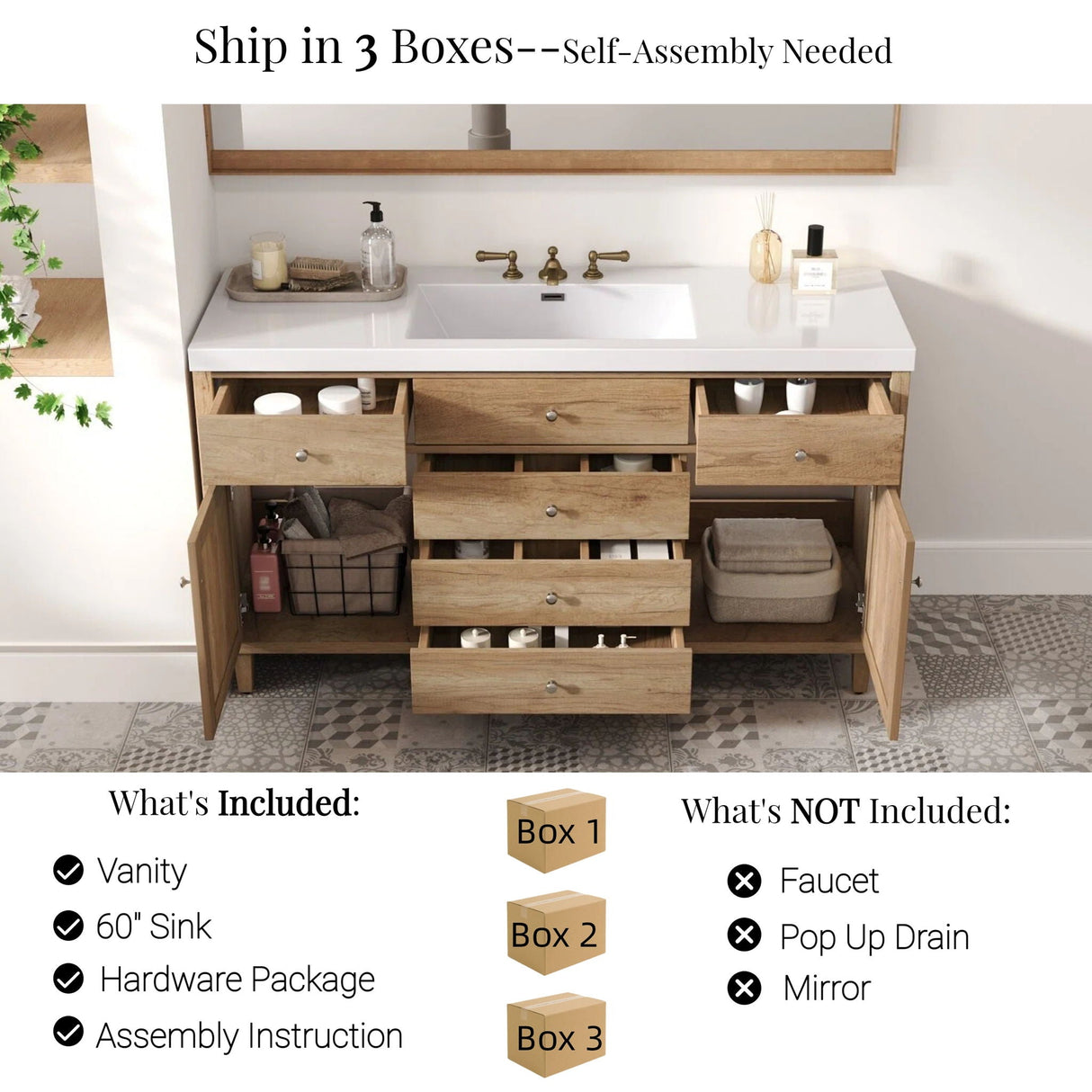 Bathroom Vanity With Sink, 5 Legs, Soft Close Drawers