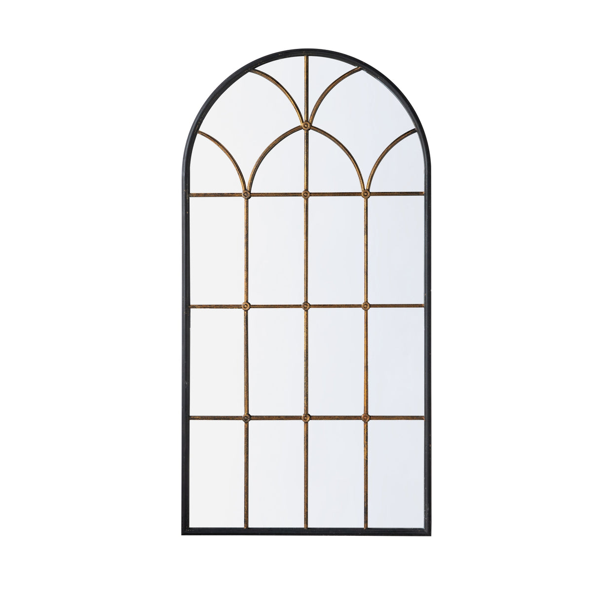 34x65.5' Arched Full-Length Mirror with Black and Gold Windowpane Design
