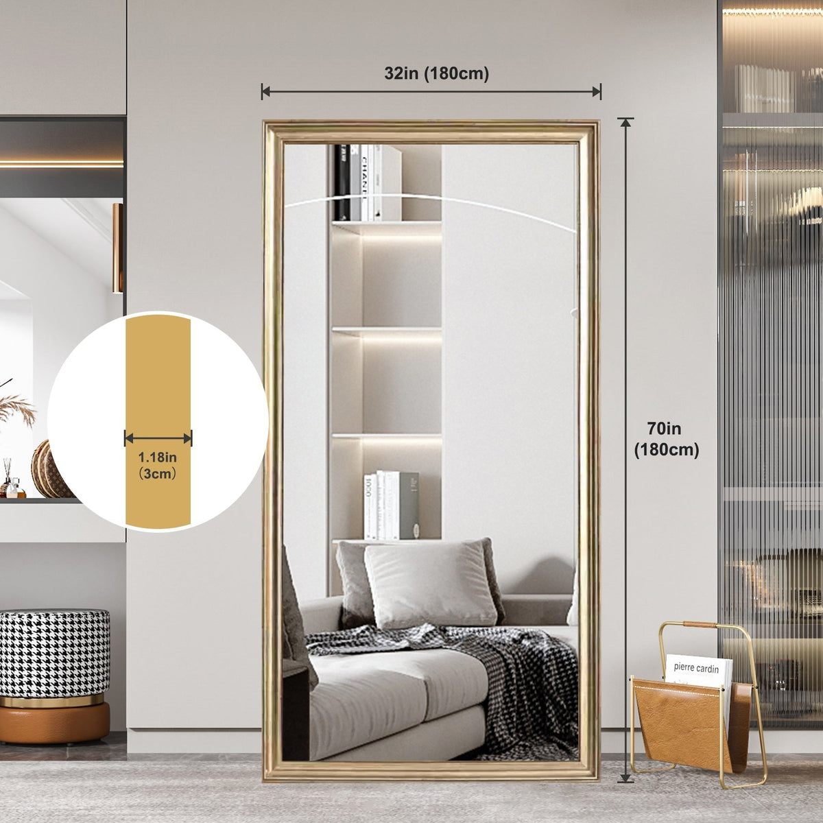 70' x 32' Gold Full Length Floor Mirror with PS Frame, Large Wall Mounted or Leaning Body Mirror for Bedroom, Living Room, Entryway