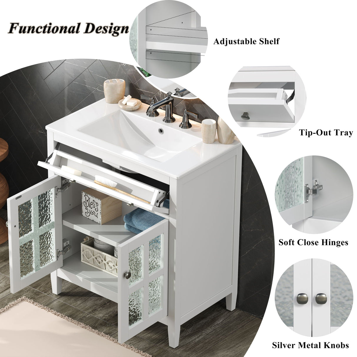 Bathroom Vanity With Ceramic Sink, Adjustable Shelf & Tip Out Tray