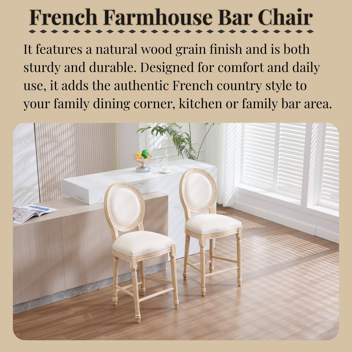 French Country 26'' Height Bar Chairs with Beige Linen Upholstery - Set of 2