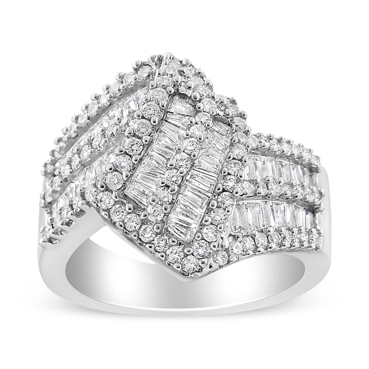 14K White Gold 1-1/2 Cttw Round and Baguette Diamond Bypass Cocktail Ring Band (H-I Color, SI1-SI2 Clarity) - Size 7
