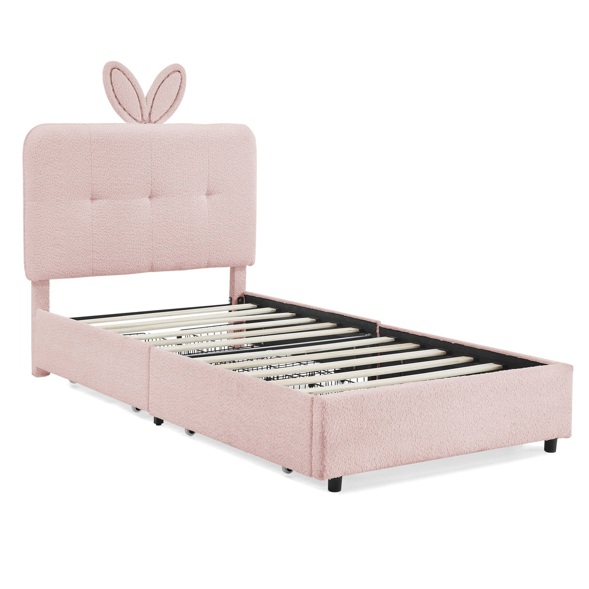 Twin Size Kids Upholstered Bed with Oversized Rabbit Ear Headboard, LED Light & 4 Storage Drawers, Boucle Fabric (79.5''X40.75''X41'')