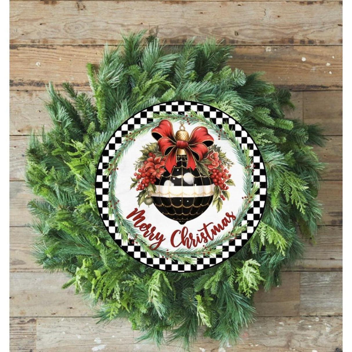 Elegant Merry Christmas Ornament Check Sign - Wreath Enhancement