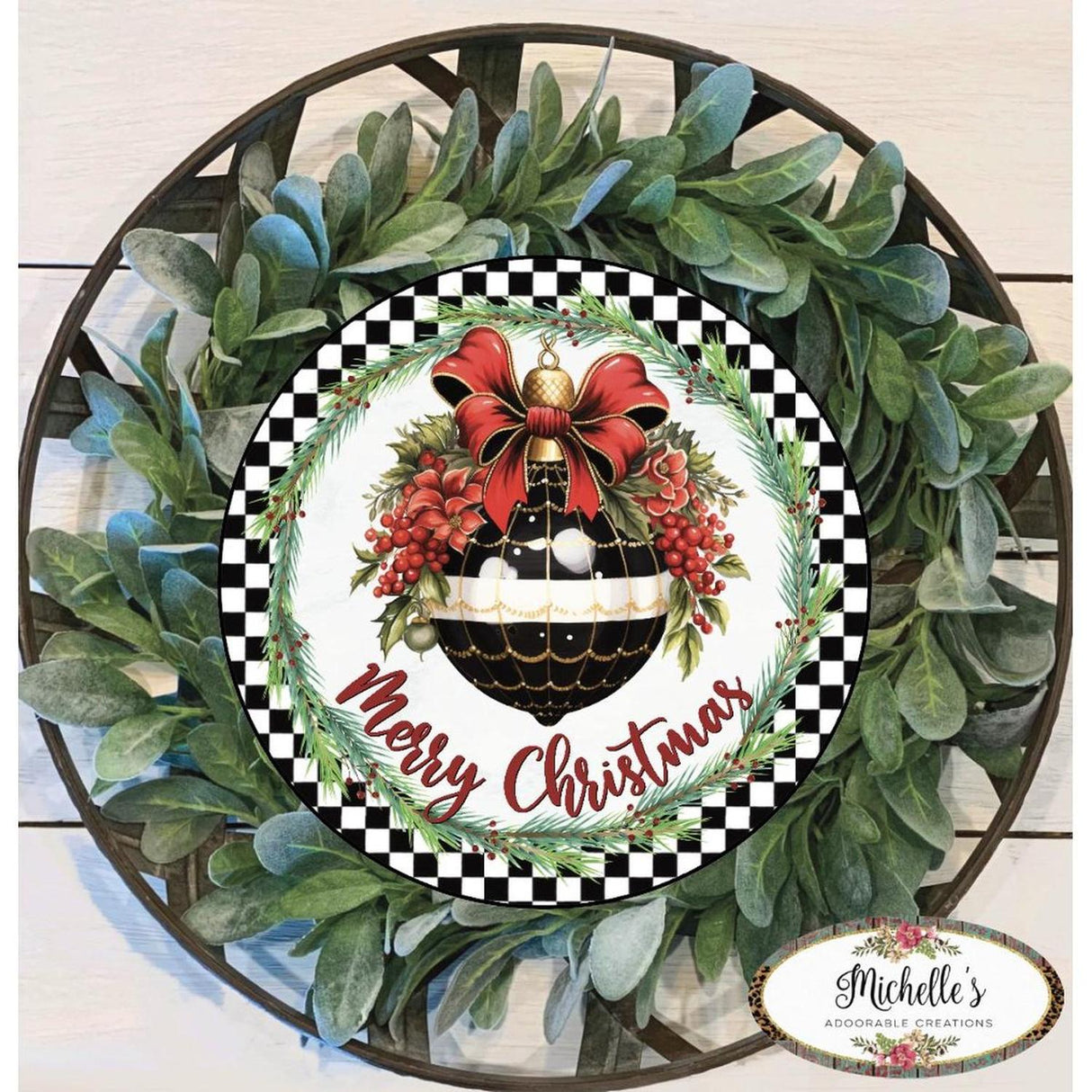 Elegant Merry Christmas Ornament Check Sign - Wreath Enhancement