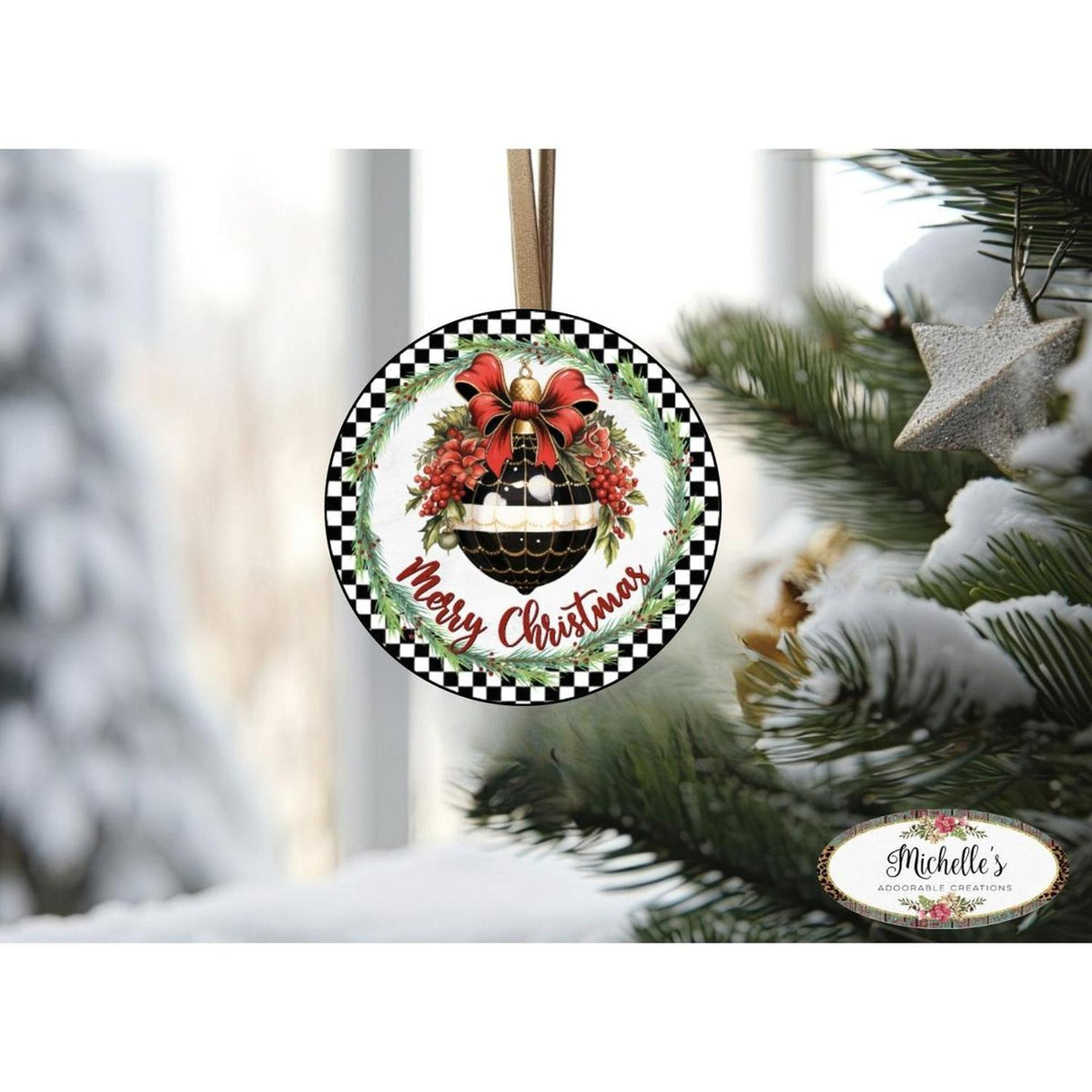Elegant Merry Christmas Ornament Check Sign - Wreath Enhancement