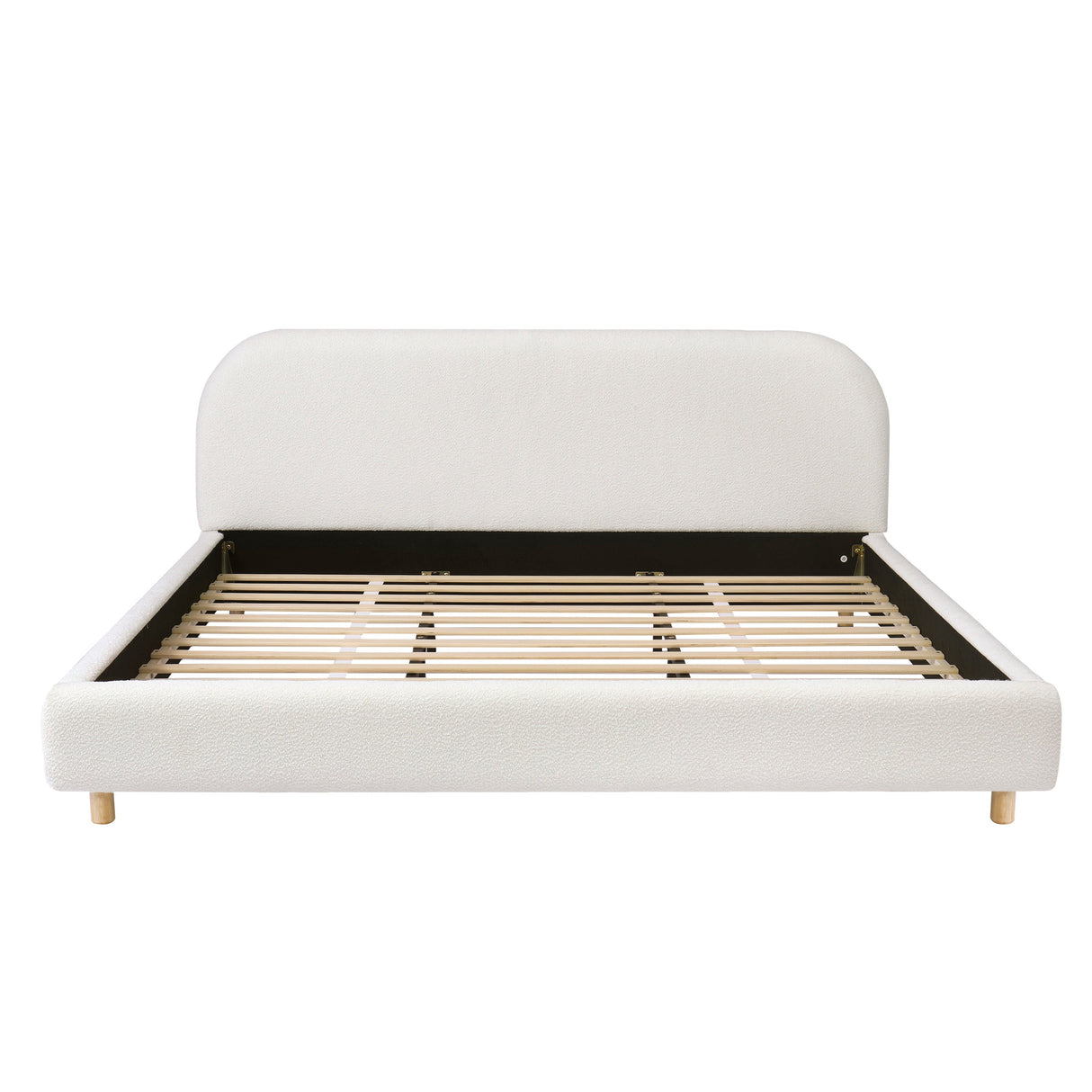 California King Size Upholstered Bed with Boucle Fabric and Curved Headboard