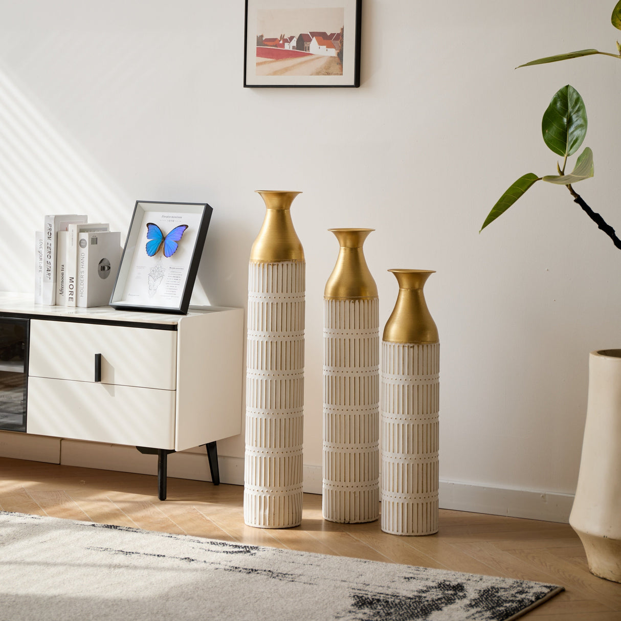 Floor Metal Vases Set of 3 - White with Gold Accents