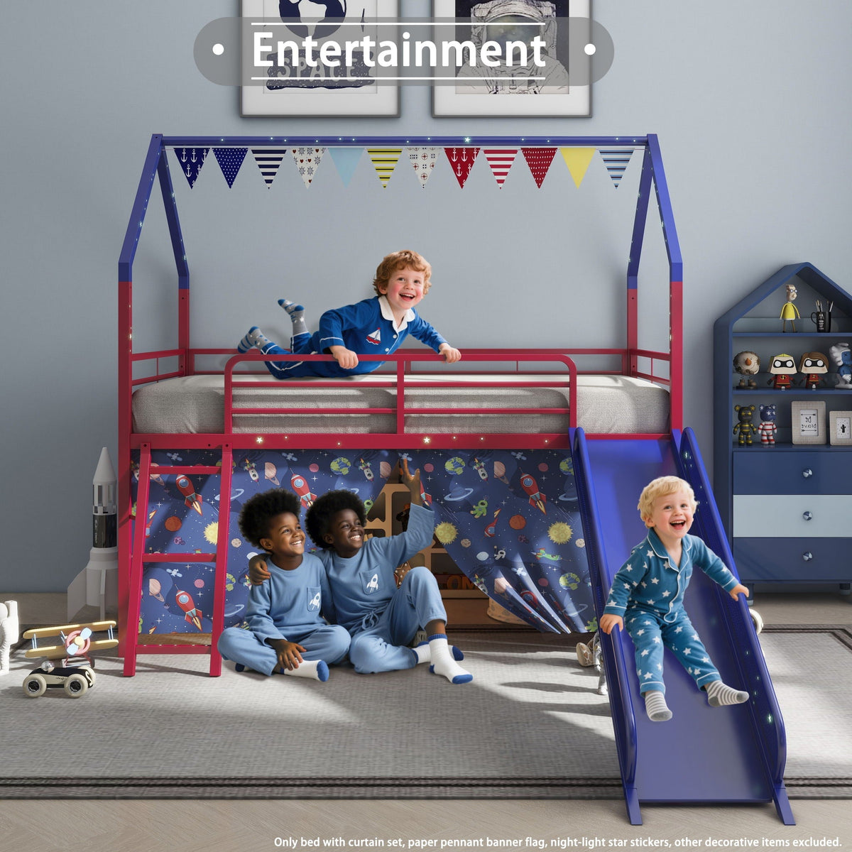 Jack - House Loft Bed With Slide And Curtain Set