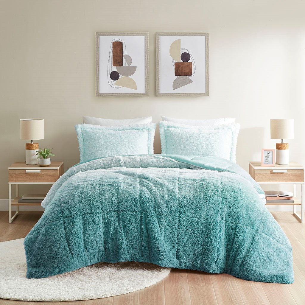 Full/Queen Ombre Shaggy Long Fur Comforter Mini Set