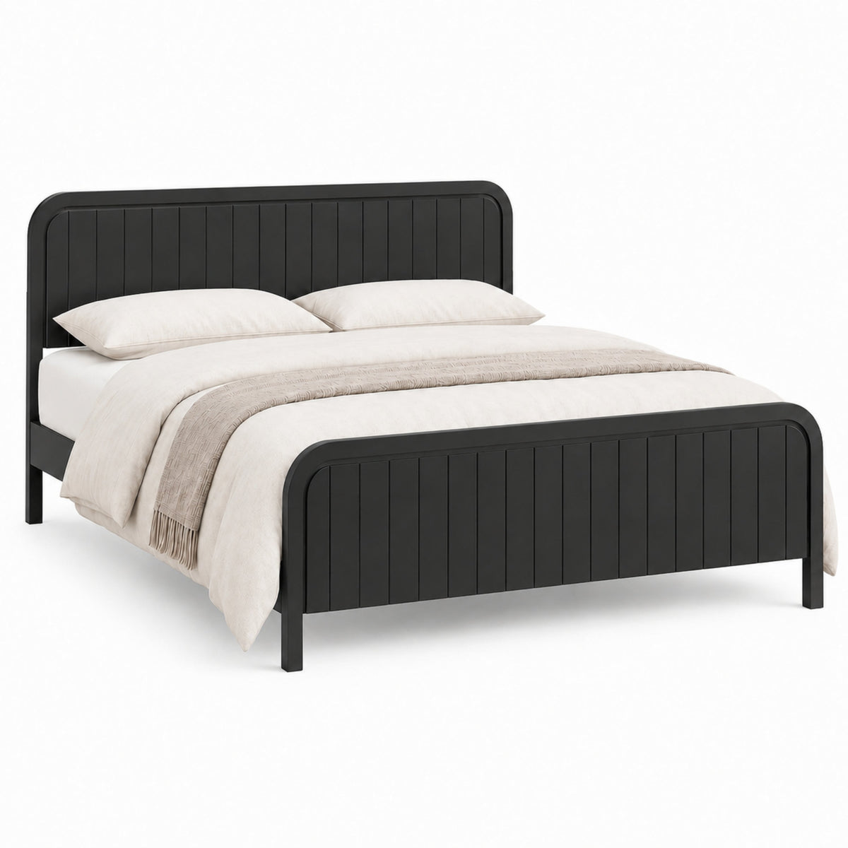 King Bed Frame with Headboard - Modern Wood Platform Bed - Black