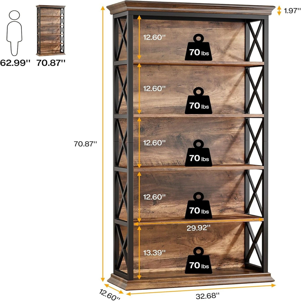 6 Tier Industrial Brown & Bookshelf With X Pattern Design - Rustic Brown