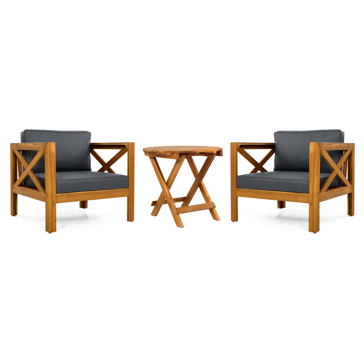 Patio Conversation Set with Foldable Acacia Wood Table and Cushioned Armchairs