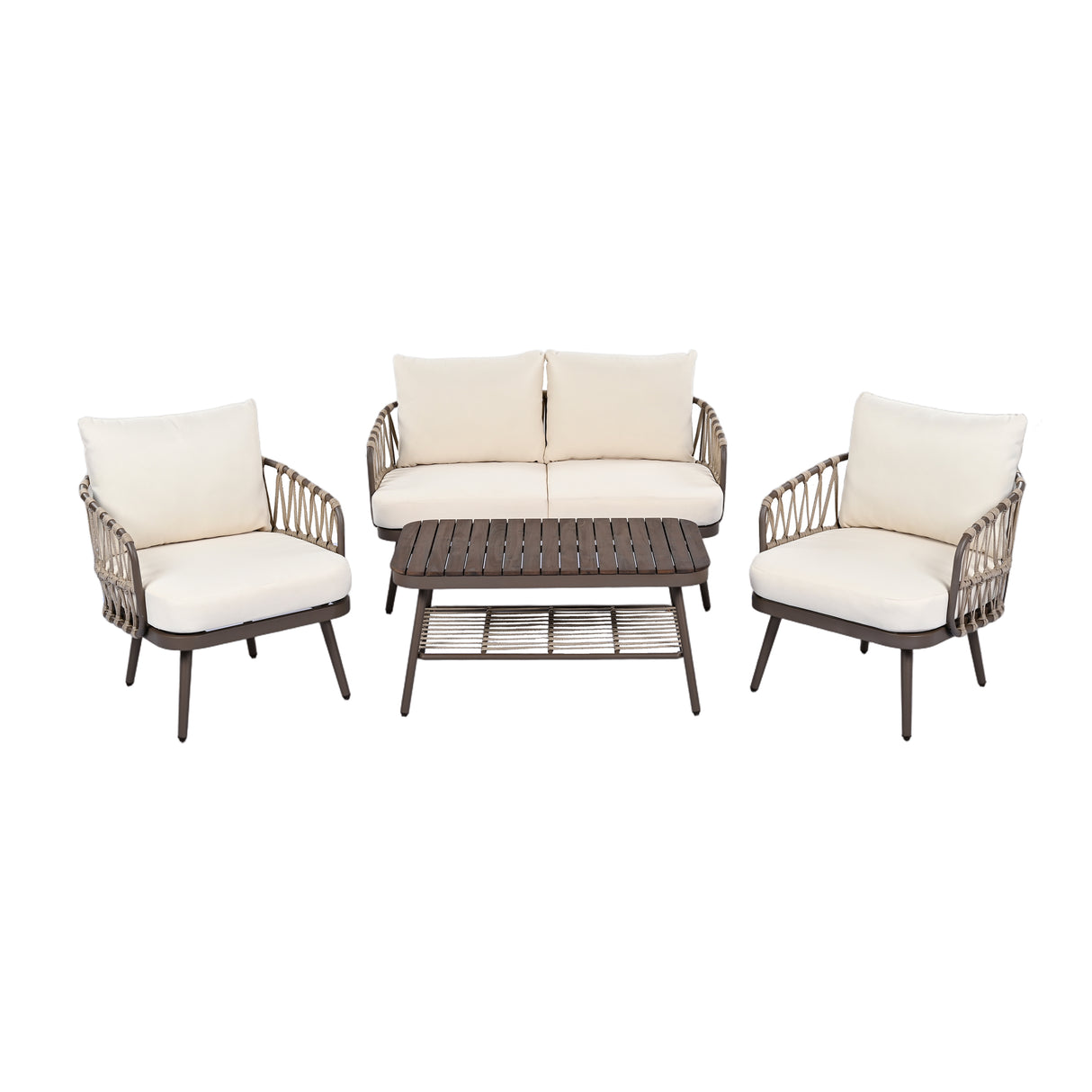 4-Piece Outdoor Patio Furniture Set, Metal Chairs with Woven Rope U-Shaped Backrest,Outdoor Conversation Set with Thick Cushions and Coffee Table for Garden, Poolside, Balcony, Brown & Beige