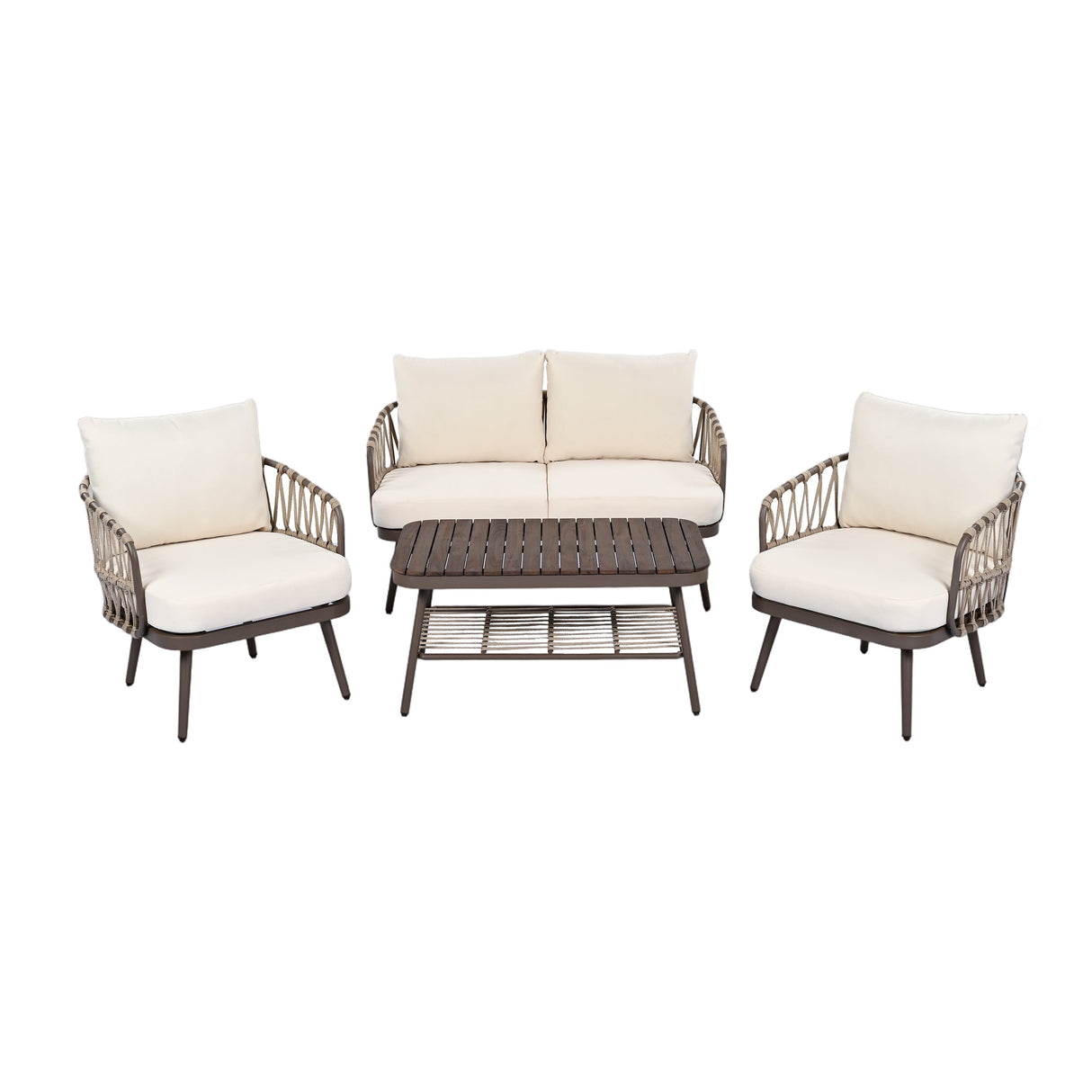 4-Piece Outdoor Patio Furniture Set with Metal Frame and Woven Rope