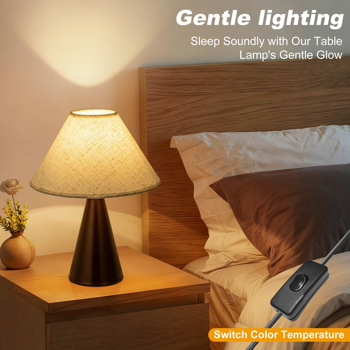 Modern Bedside Table Lamps Set of 2 – 3 Color Fabric Shade Nightstand Lights