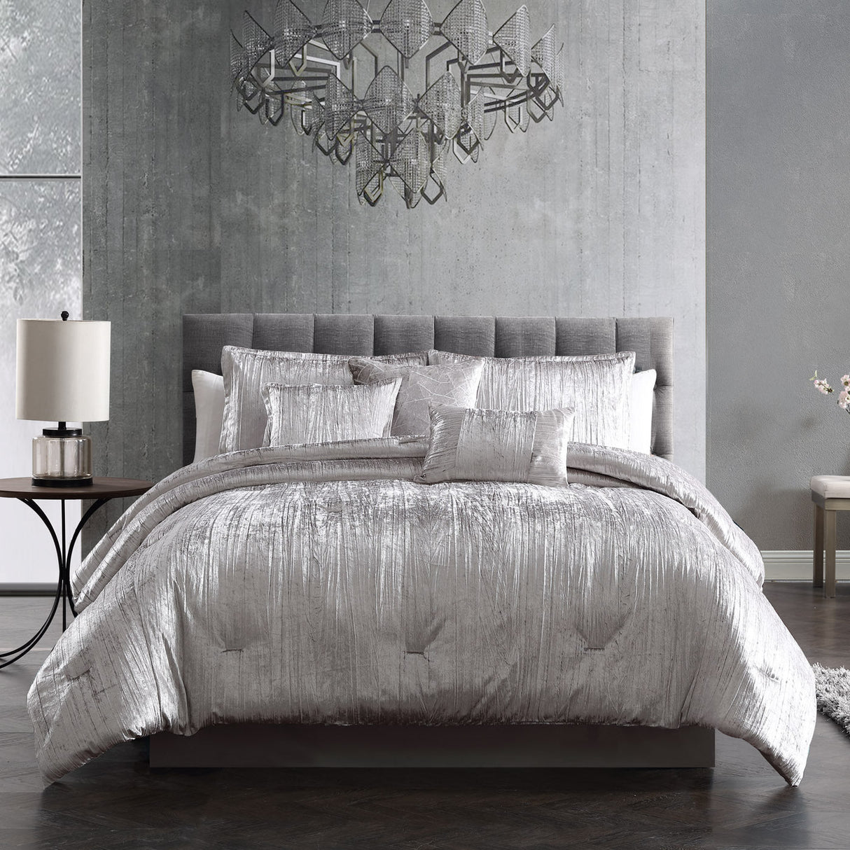 Turin Silver Crinkle Velvet 7PC Bedding Set