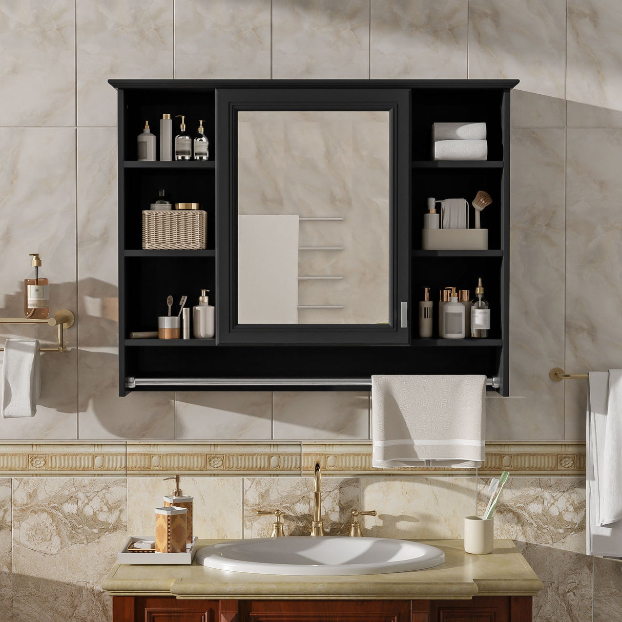 Modern Wall Mounted Mirror Cabinet with Adjustable Shelf and Towel Bar