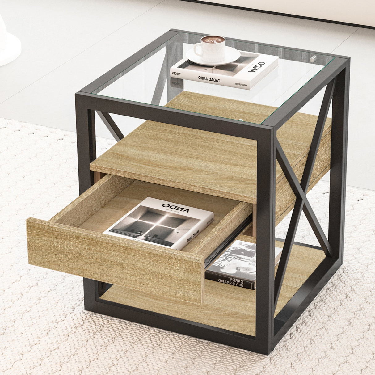Set of 2 Modern End Tables with Drawer - Nightstands for Bedroom & Living Room