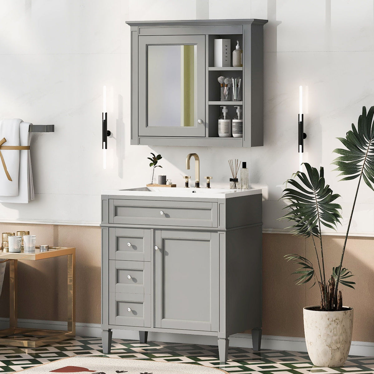 Bathroom Vanity With Medicine Cabinet, Royal Mirror Cabinet, Modern Bathroom Storage Cabinet With 2 Soft Closing Doors And 4 Drawers