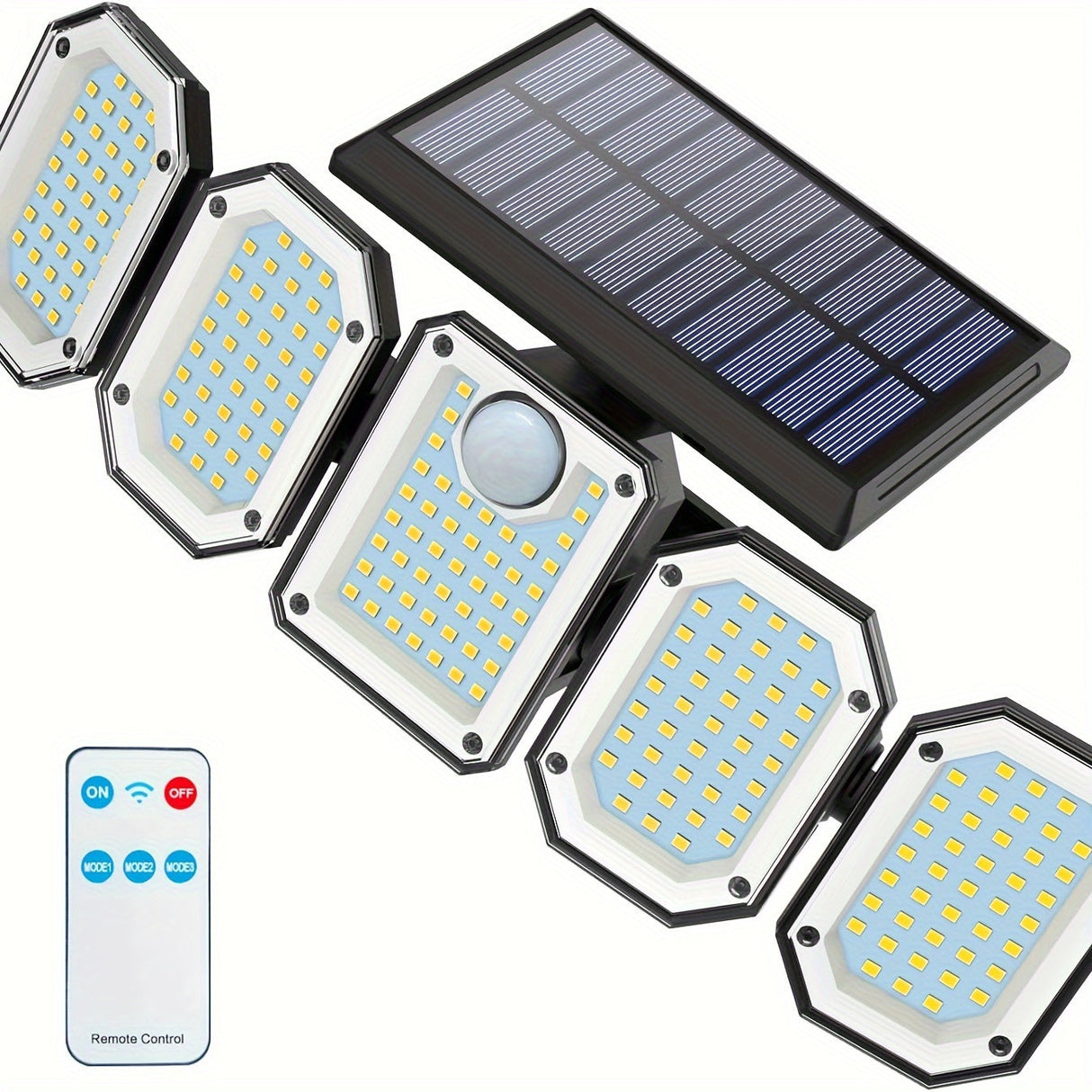 Solar Motion Sensor Flood Light – 300 LED, 5-Head, 7000K, Remote, Outdoor Use