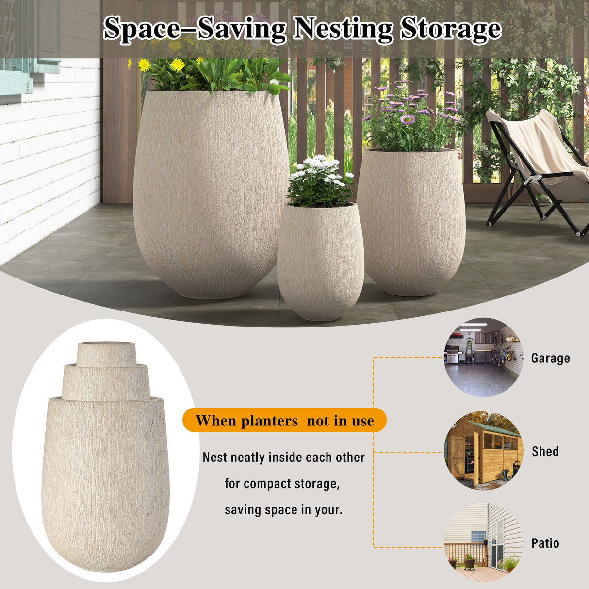 U_Style Egg-Shaped Lightweight MGO Outdoor Planter Set of 3