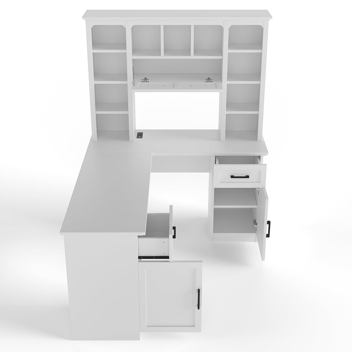 L-Shaped Computer Desk with 2 Cabinets and 2 Drawers