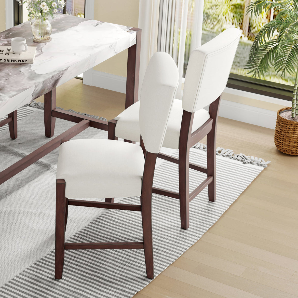 Set of 4 Mid-Century Modern Bar Stools, 40 in Linen Upholstered Counter Chairs with Rubber Wood Legs, Off White