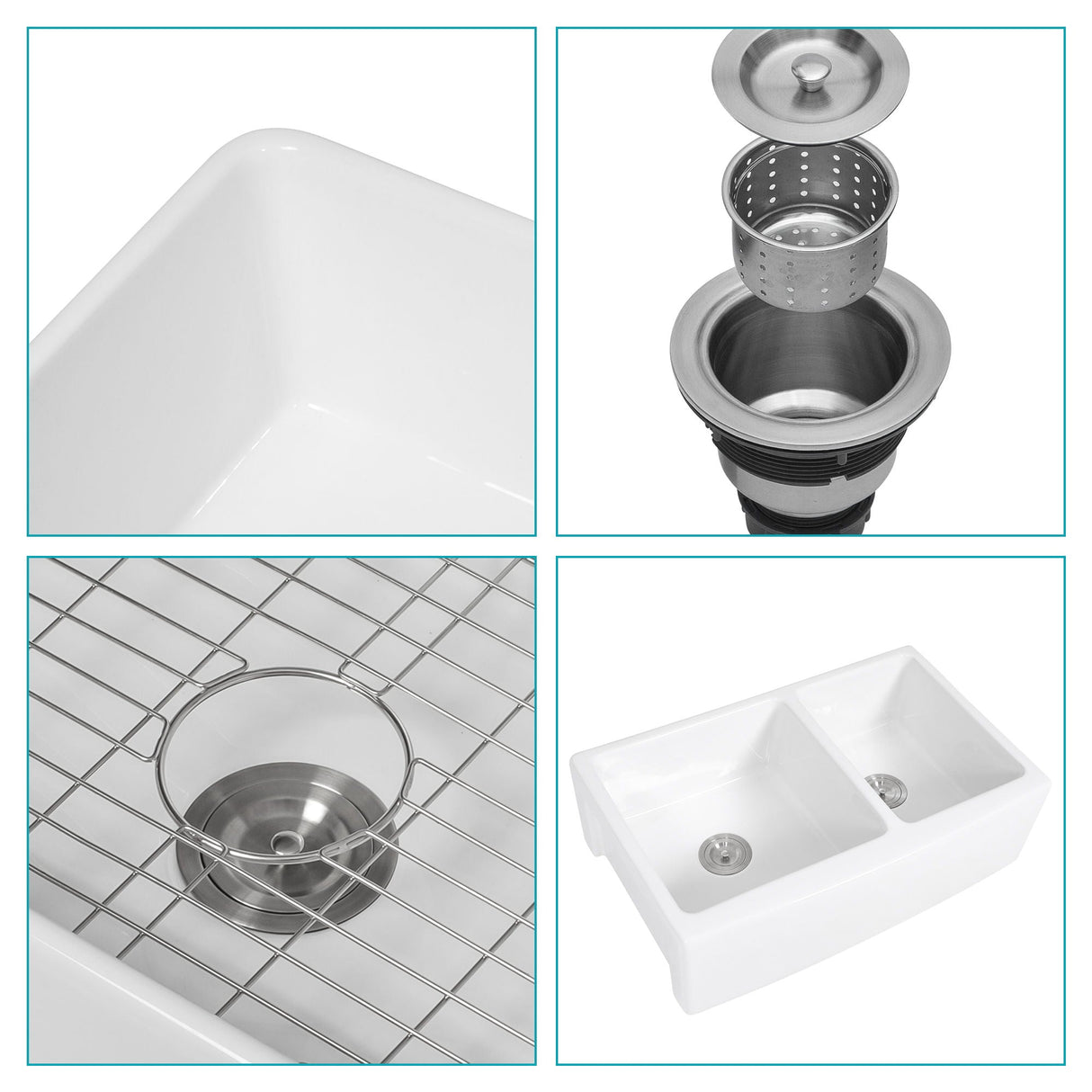 Sink 33" Double Bowl 60 / 40 Kitchen Sink With Deep Basin And Grids - White